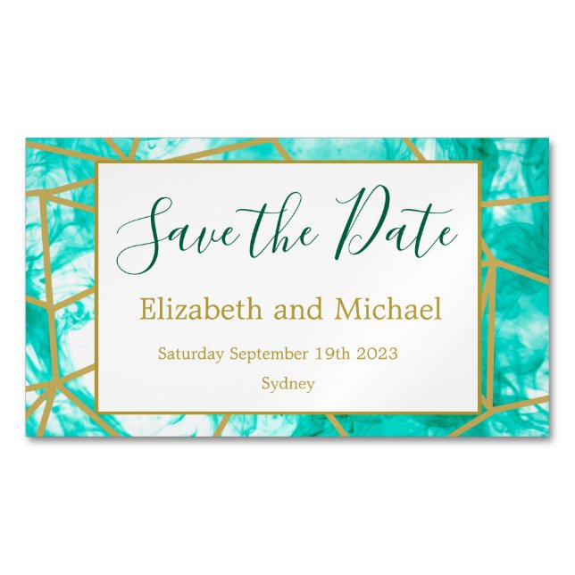 Modern  Aqua Blue Gold  Save the Date Magnet (Front)