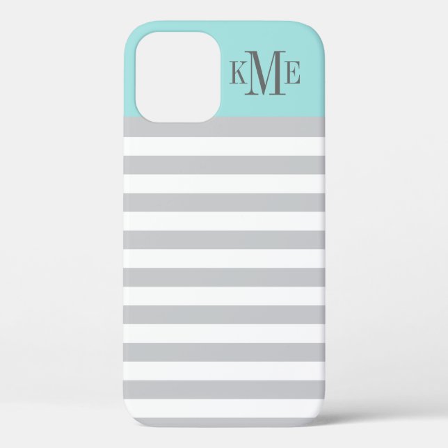 Modern Aqua Blue Gray Stripes Custom Monogram Case-Mate iPhone Case (Back)