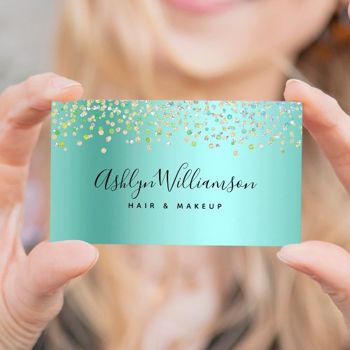 Modern aqua blue green hair salon makeup artist business card