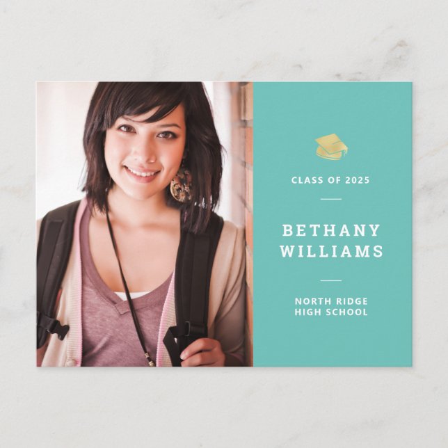 Modern Aqua Blue-Green Photo Graduation Postcard (Front)