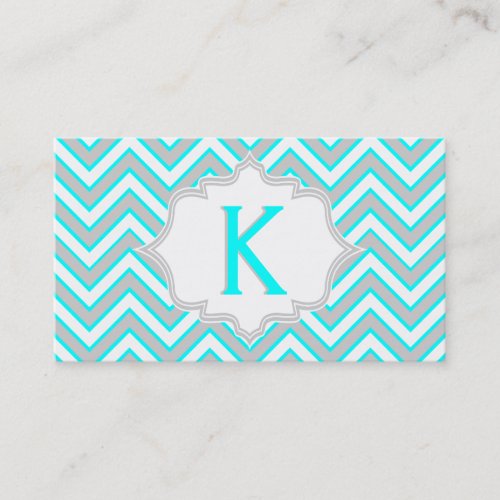 Modern aqua blue, grey chevron monogram business card template