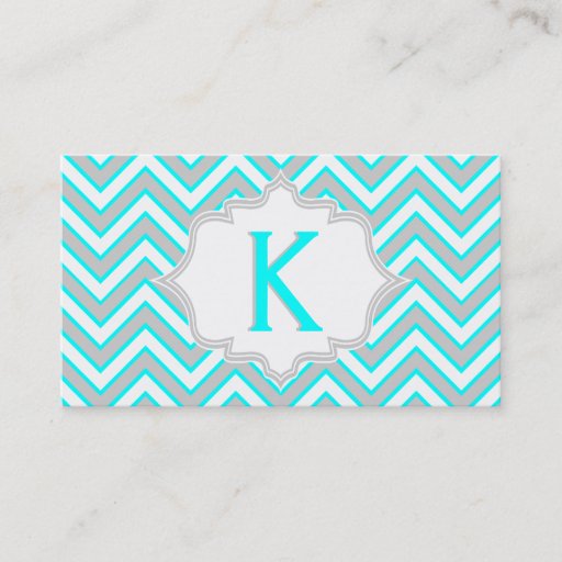 Customizable Modern aqua blue, grey chevron monogram business card template