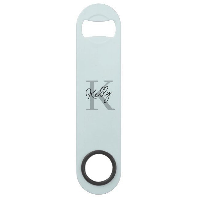 Modern Aqua Blue Monogram Script Bar Key (Front)