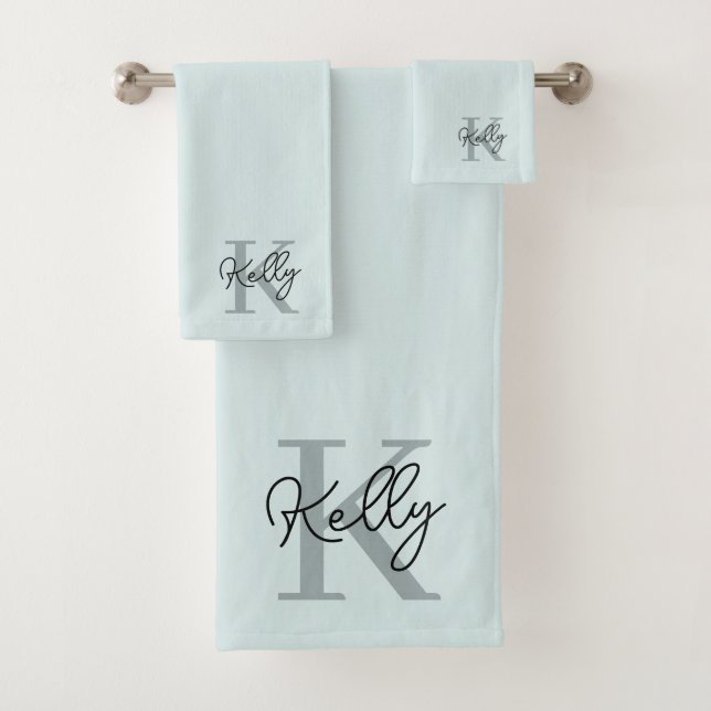 Modern Aqua Blue Monogram Script Bath Towel Set (Insitu)