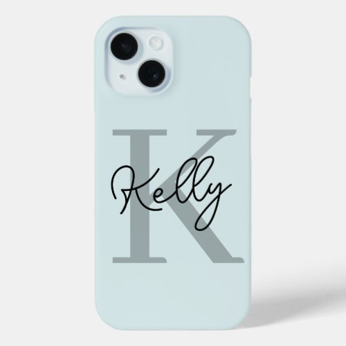 Modern Aqua Blue Monogram Script iPhone 15 Case