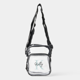 Modern Aqua Blue Monogram Script Clear Crossbody Bag
