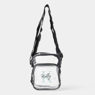 Modern Aqua Blue Monogram Script Clear Crossbody Bag
