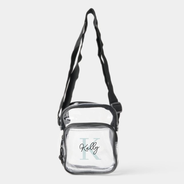 Modern Aqua Blue Monogram Script Clear Crossbody Bag (Front)