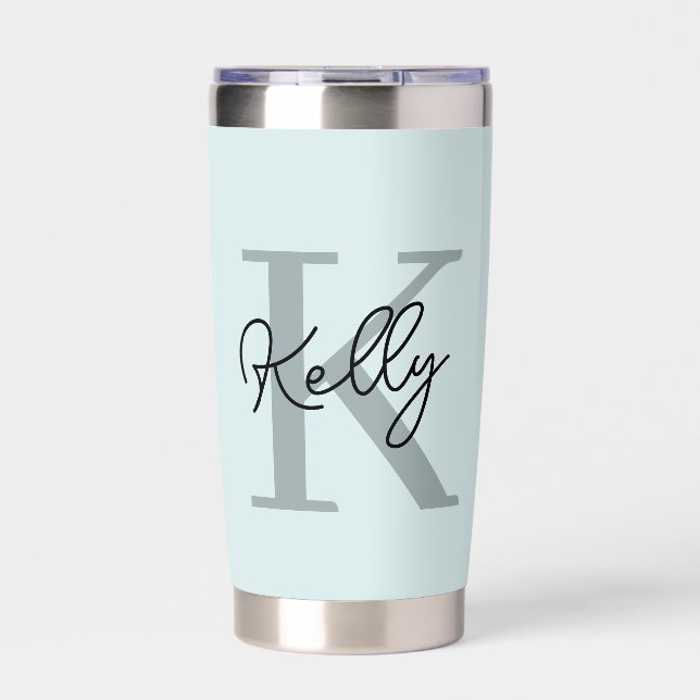 Modern Aqua Blue Monogram Script Insulated Tumbler (Front)