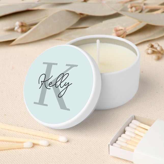 Modern Aqua Blue Monogram Script Mini Candle Favors (Insitu)