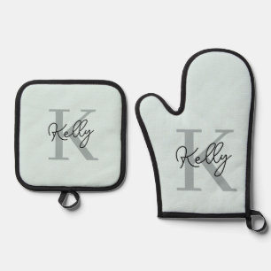 Modern Aqua Blue Monogram Script Oven Mitt & Pot Holder Set