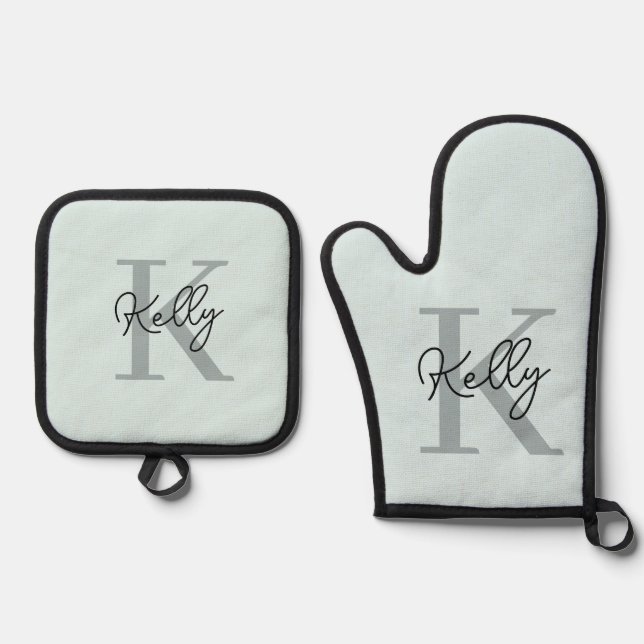 Modern Aqua Blue Monogram Script Oven Mitt & Pot Holder Set (Front)