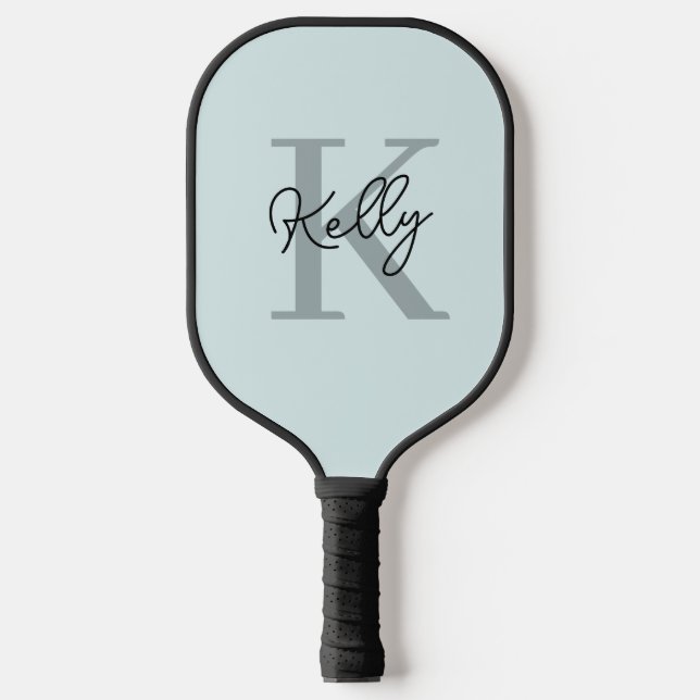 Modern Aqua Blue Monogram Script Pickleball Paddle (Front)