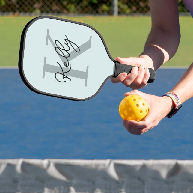 Modern Aqua Blue Monogram Script Pickleball Paddle (Insitu)