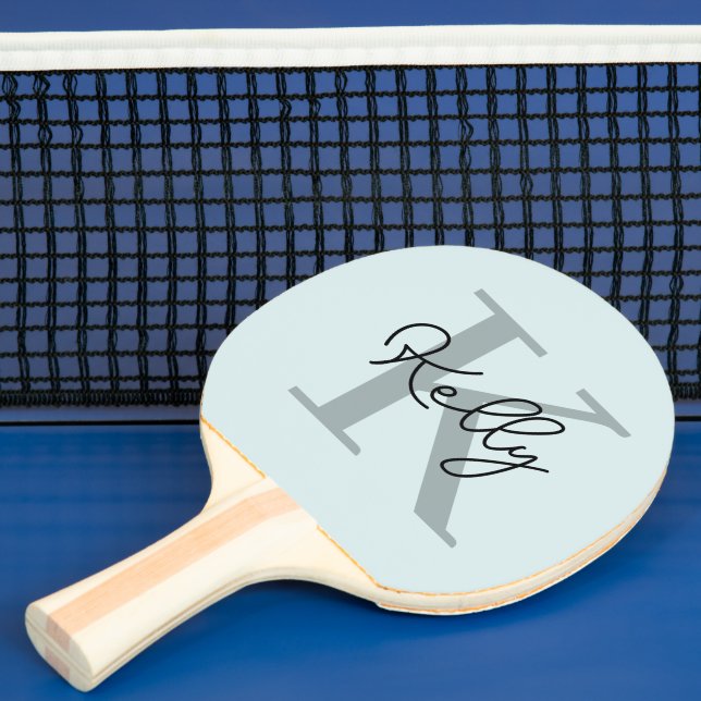 Modern Aqua Blue Monogram Script Ping Pong Paddle (Insitu)