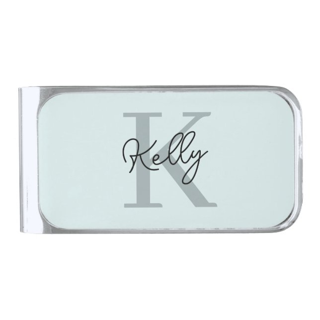 Modern Aqua Blue Monogram Script Silver Finish Money Clip (Front)