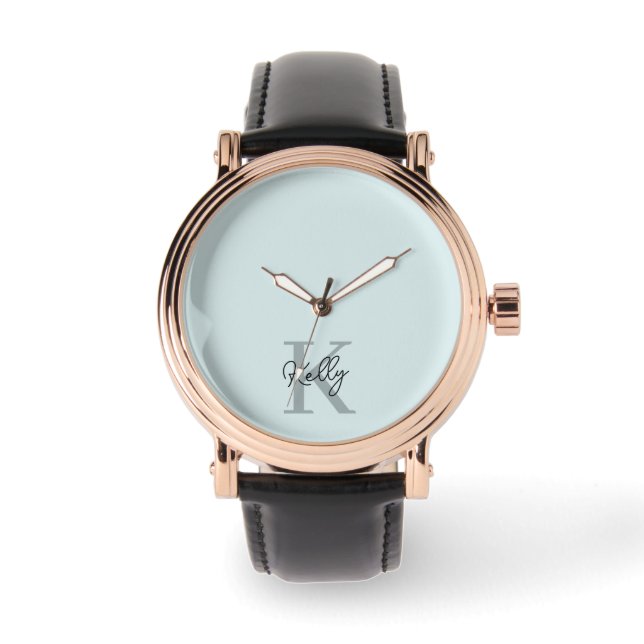 Modern Aqua Blue Monogram Script Watch (Front)