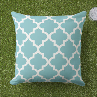 Modern Aqua Blue Moroccan Quatrefoil Pattern Throw Pillow