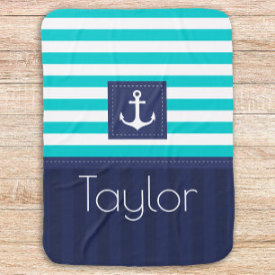 Modern Aqua Blue Navy Anchor Design Custom Baby Blanket