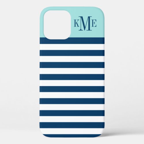 Modern Aqua Blue Navy Stripes Custom Monogram iPhone 12 Case