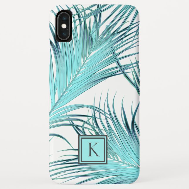 Modern Aqua Blue Palm Fronds with Monogram Case-Mate iPhone Case (Back)