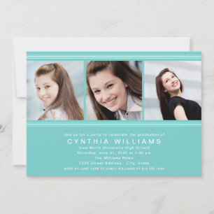 Modern Aqua Blue Photo Collage Graduation Party Invitation