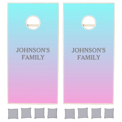 Modern Aqua Blue Pink Gradient Ombre Monogram Cornhole Set