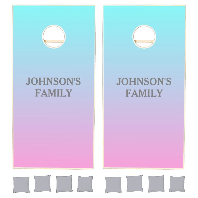 Modern Aqua Blue Pink Gradient Ombre Monogram Cornhole Set (Set)