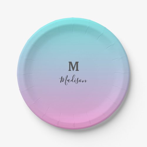 Modern Aqua Blue Pink Gradient Ombre Monogram Paper Plates