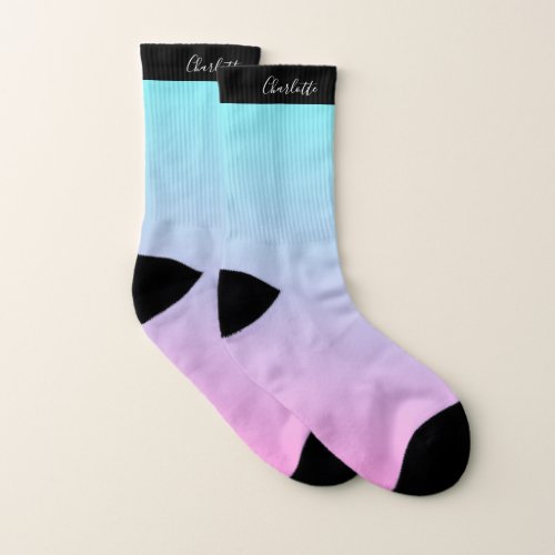 Modern Aqua Blue Pink Gradient Ombre Monogram Socks