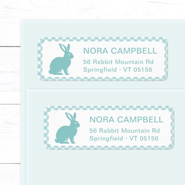 Modern Aqua Blue Rabbit Gingham Return Address Label (Modern, cute aqua blue rabbit return address label with classic turquoise gingham checks background.)
