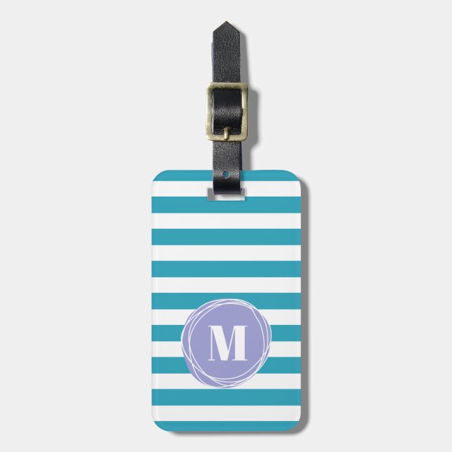 Modern Aqua Blue Stripes Monogram  Luggage Tag (Front Vertical)