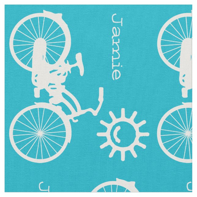 Modern Aqua Blue Sunshine Bicycle Personalized Fabric (Close Up)