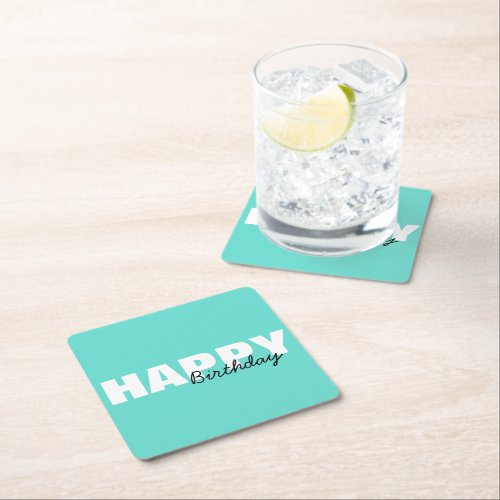 Modern Aqua Blue Typography Happy Birthday Party   Square Paper Coaster