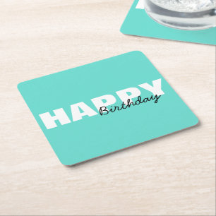 Modern Aqua Blue Typography Happy Birthday Party   Square Paper Coaster
