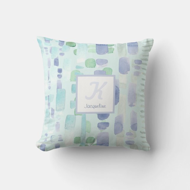 Modern Aqua Blue Watercolor Brush Strokes Monogram Throw Pillow (Front)