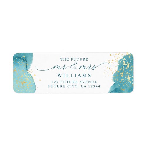 Modern Aqua Blue Watercolor Gold Return Address Label