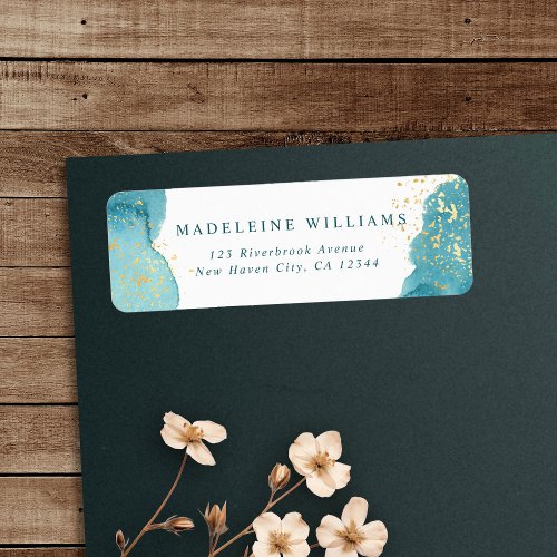 Modern Aqua Blue Watercolor Gold Return Address Label