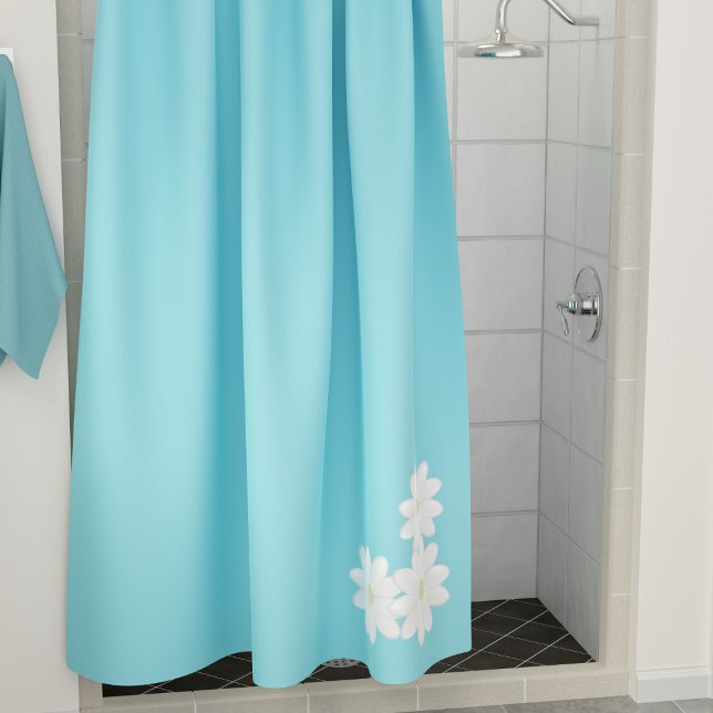 Modern Aqua Blue White Daisy Motif Shower Curtain (A pretty aqua blue shower curtain with three daisies at the corner)