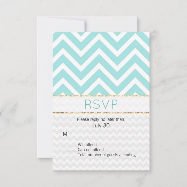 Modern Aqua Chevron Wedding RSVP Card (Front)