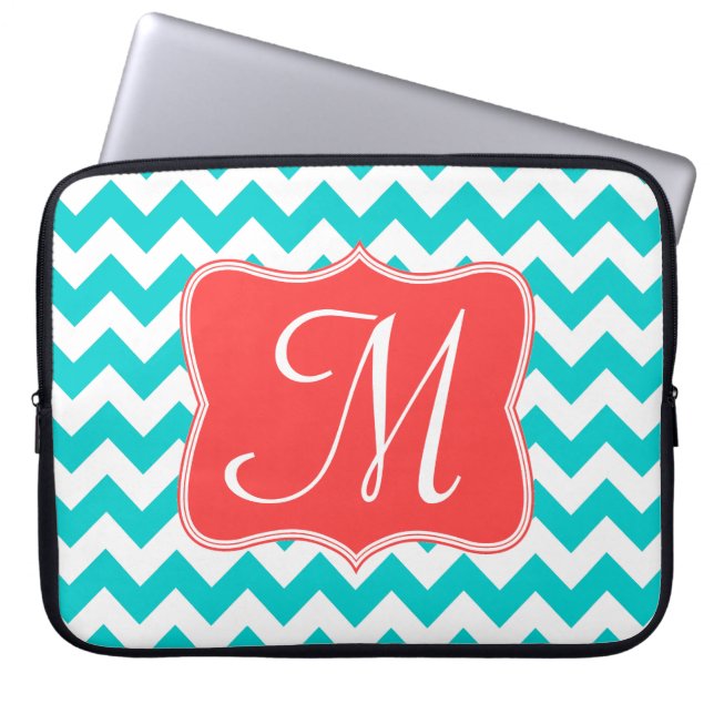 Modern Aqua Coral Chevron Monogram 15" Laptop Case (Front)