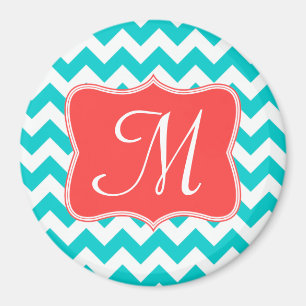 Modern Aqua Coral Chevron Monogram Initial Magnet