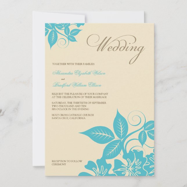 Modern Aqua/Cream Floral Wedding Invitation (Front)