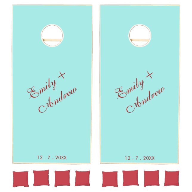 Modern Aqua Deep Red Burgundy Wedding Couple Name Cornhole Set (Set)