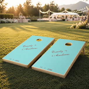 Modern Aqua Deep Red Burgundy Wedding Couple Name Cornhole Set