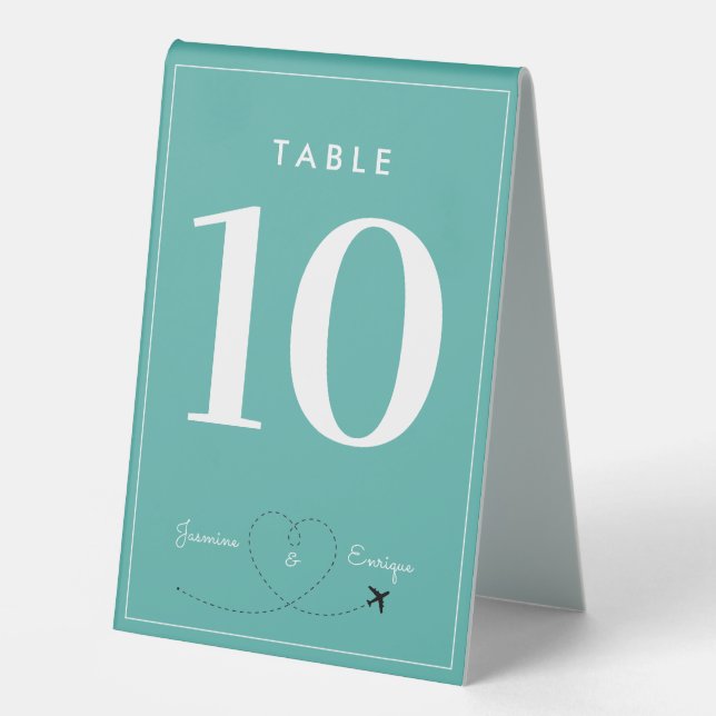 Modern Aqua Destination Wedding Invitation Table Tent (Front)