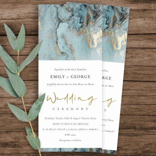 MODERN AQUA DUSKY BLUE FOIL GOLD AGATE WEDDING INVITATION (Creator Uploaded)