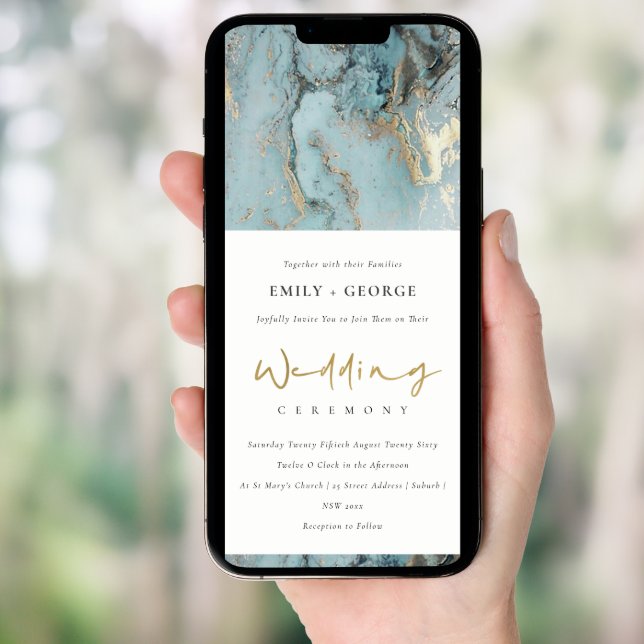 MODERN AQUA DUSKY BLUE FOIL GOLD AGATE WEDDING INVITATION (Front Digital)