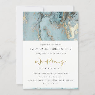 MODERN AQUA DUSKY BLUE GOLD AGATE WEDDING INVITE