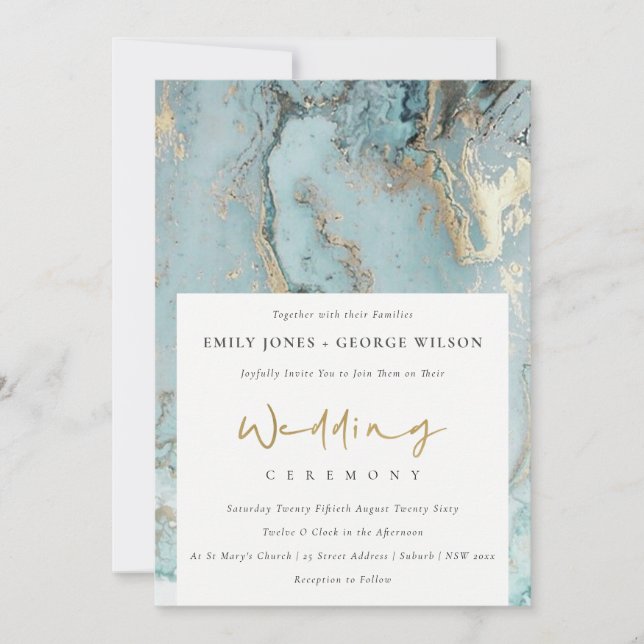 MODERN AQUA DUSKY BLUE GOLD AGATE WEDDING INVITE (Front)